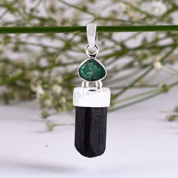 Extremly Rare Emerald and Black Tourmaline Gemstone Silver Pendant, 925 Sterling Silver, Natural Emerald Silver Pendant, Tourmaline Pencil