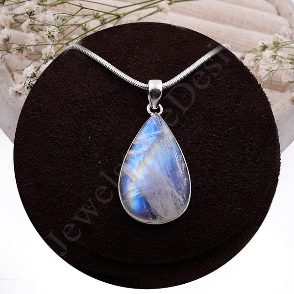 Rainbow Moonstone Silver Pendant, 925 Sterling Silver Moonstone Pendant, Iridescent Gemstone, Blue Flashy Moonstone, Natural Rare Gemstone