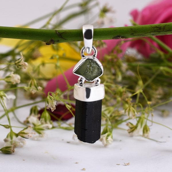 Genuine Natural Raw Moldavite and Black Tourmaline Pendant, 925 Sterling Silver Pendant , Raw Moldavite , Authentic Jewelry, Gift For Mother