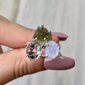 Natural Moldavite, Moonstone, Herkimer Diamond Rough Ring Raw Moldavite Ring Moldavite Meteorite Ring 92.5 Sterling Silver Czech Republic