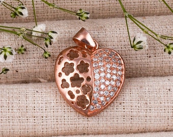 Colgante de corazón de circonita cúbica: collar de plata de ley 925 en oro rosa