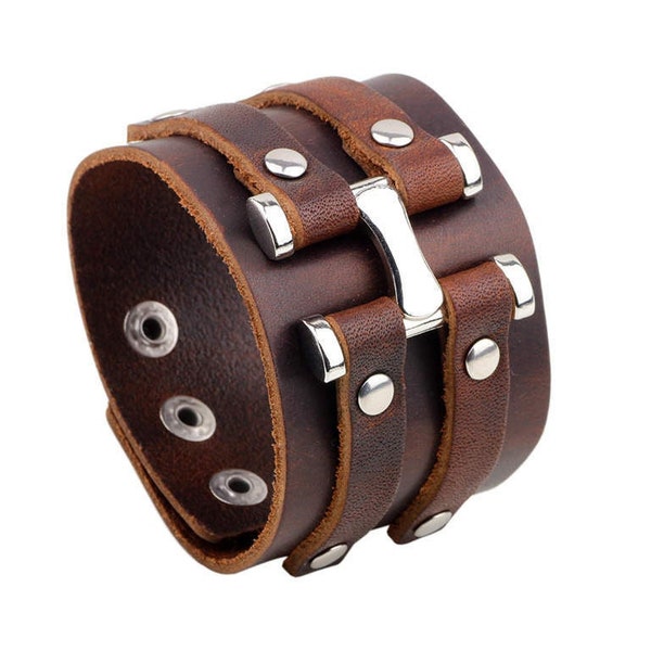 Cuff Leather Bracelets Adjustable Wristband Wrap Bangle for Men Women Buckle Fastening