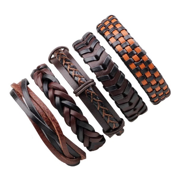 Mens Bracelet Genuine 5 Layer Set Wrap Braided Black Adjustable Rope