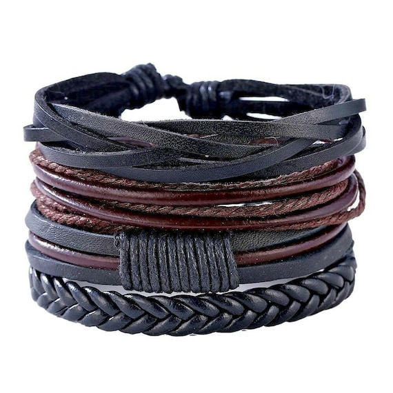 Men’s Genuine Leather Bracelet 4 Layer Set Wrap Braided Black Rope Jewellery Bracelets Woven & Braided Bracelets 