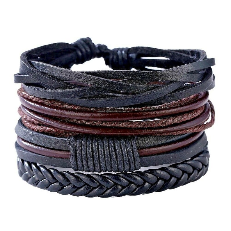 Mens Bracelet Genuine Leather 4 Layer Set Wrap Braided Black Etsy UK