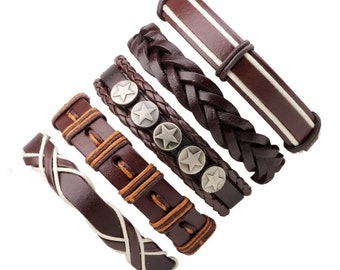 Mens Bracelet Genuine 5 Layer Set Wrap Braided Black Adjustable Rope