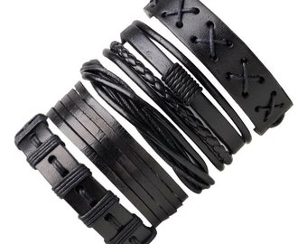 Heren armband Echte 5 Layer Set Wrap Gevlochten Zwart Verstelbaar Touw