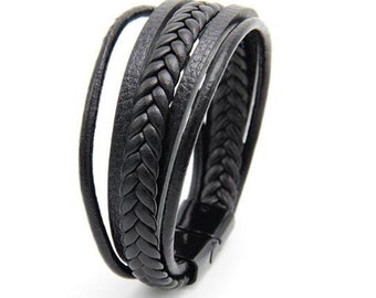 Men’s Leather Bracelet 4 Layer Set Wrap Braided Black Rope unisex fashion bracelet