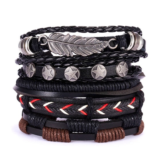 Mens Bracelet Genuine Leather 5 Layer Set Leaf Wrap Braided Etsy UK