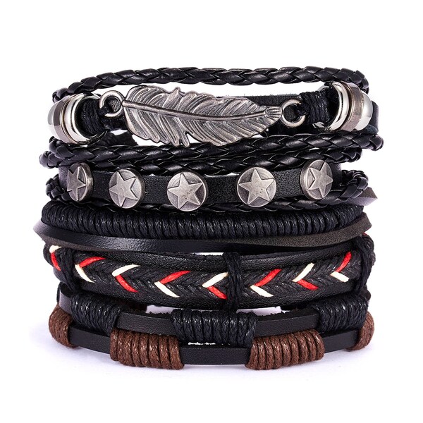 Mens Bracelet Genuine Leather 5 Layer Set Leaf Wrap Braided Black Adjustable Rope