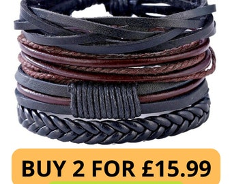 Mens Bracelet Leather 4 Layer Set Wrap Braided Black Tie Adjustable Rope