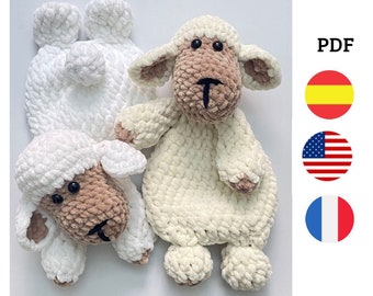 Patrón manta de apego crochet: Lucy la oveja , patrón oveja crochet en español, inglés y francés , muñeco para niños, oveja ganchillo, pdf