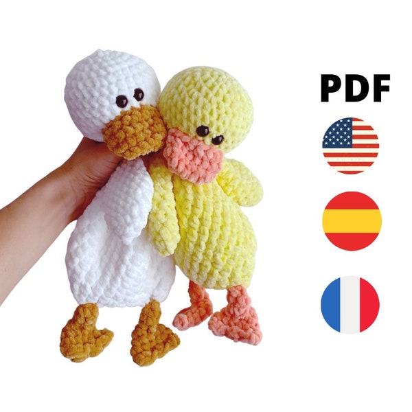 Patron crochet. Doudou bébé. Paco, le canard. Jouet pour bébé. Doudou canard. Tutoriel français, anglais et espagnol. Crochet doudou