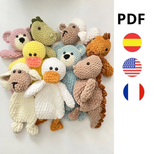 4-pattern pack: Crochet Duck, Dinosaur, Sheep, and Bear, cuddly toys for children, pattern in Spanish, English, and French. PDF pattern