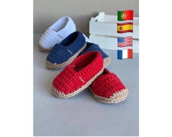 Häkelanleitung auf Spanisch, Englisch, Französisch und Portugiesisch zur Herstellung von Espadrilles für Babys. Drei Größen verfügbar