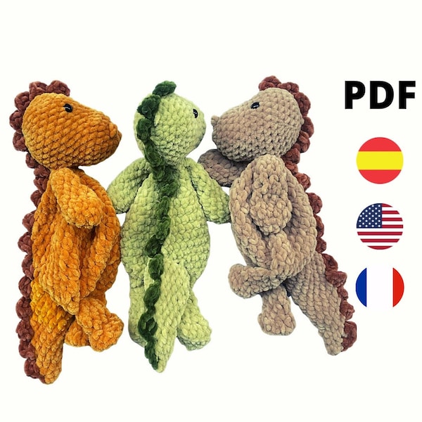 Patrón manta de apego crochet: DINO el dinosaurio , patrón dinosaurio crochet en español, inglés y francés , muñeco para niños,  pdf pattern