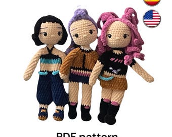 Pack of 3 patterns: K-pop crochet dolls, cuddly dolls for children, pattern in Spanish and English. PDF K-pop pattern/ 3 in 1 PDF