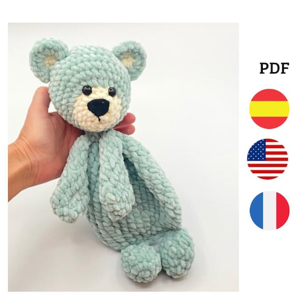 PATTERN CROCHET, Sugar Bear. Crochet baby blanket. Soft toy. Pattern english, french and spanish. Sweet teddy bear. Teddy bear comforter.