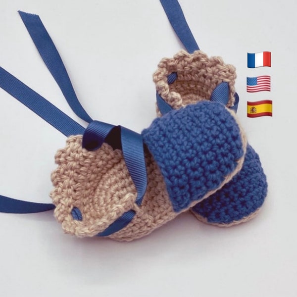 Patrón de alpargatas de crochet para bebé en español, francés  y en inglés . Patrón patucos crochet, tres tallas. Espandrilles baby crochet.