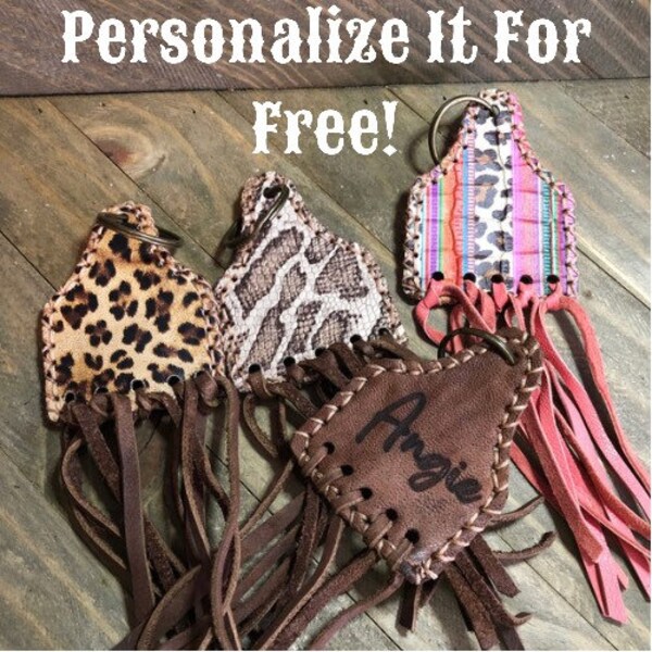 Cowtag Genuine Leather Keychain w/fringe Personalized Western Keychain