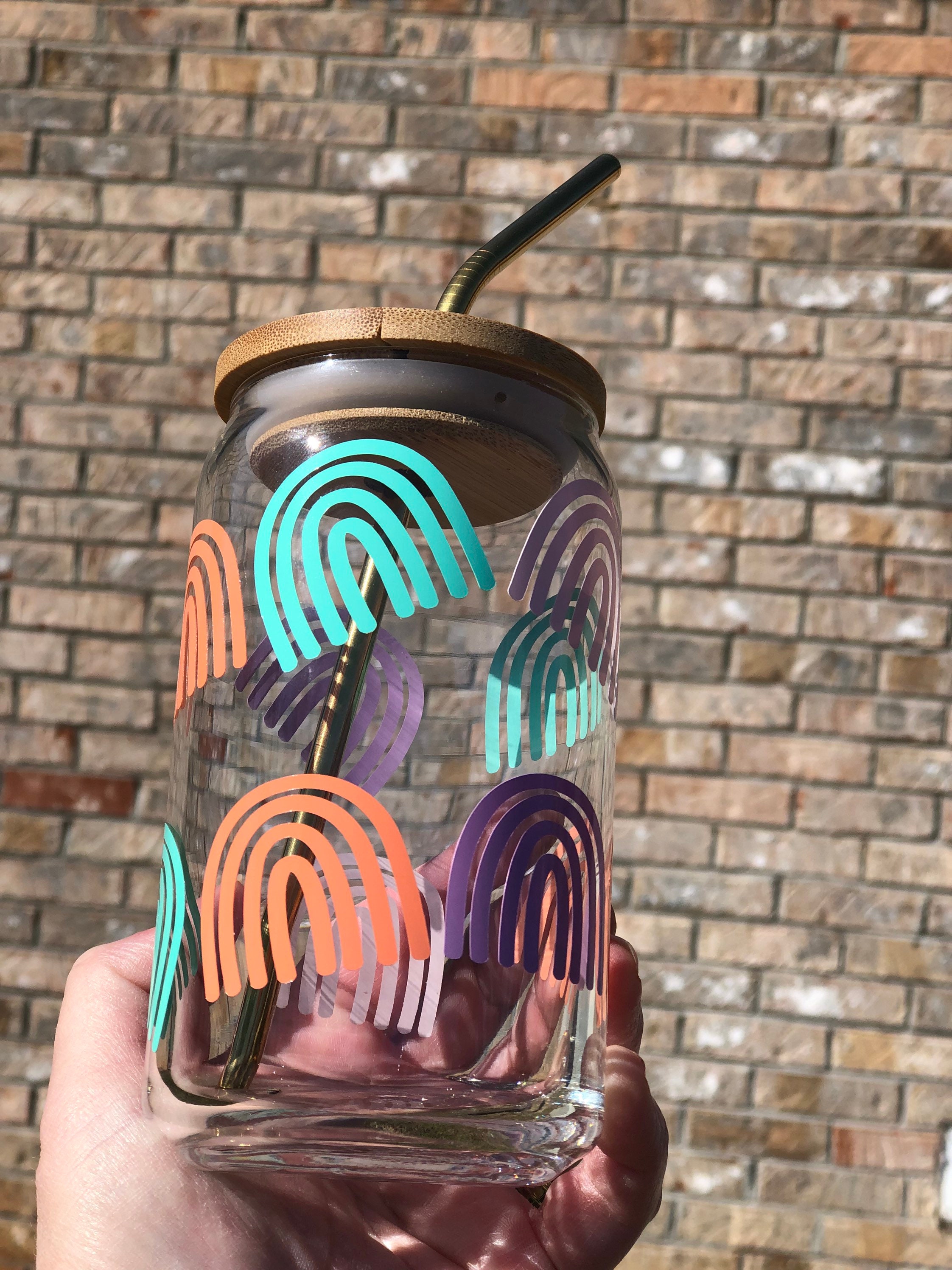 Boho Rainbow Heart 16oz Glass Can Beer Can with Bamboo Lid and Glass Straw