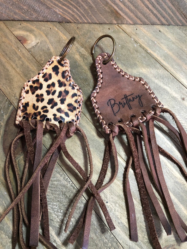 Cowtag Genuine Leather Keychain W/fringe Personalized Western Etsy