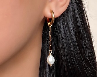 18k Gold Plated Freshwater Pearl Drop Hoop Earrings | Pearl Drop Huggies