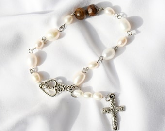 Silver Cross Pearl Charm Bracelet