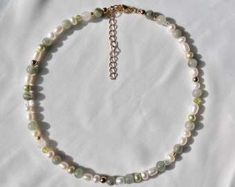 Green Jasper Beaded Pearl Necklace | Green Gemstone Beaded Pearl Choker | Pearl Beaded Choker