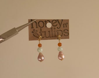Orange Aventurine Pearl Earrings