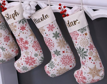 Custom Gold Red Name Christmas Stockings, Luxury Stockings, Handmade Stockings for Family, Green Stocking Bright Fun Decor Christmas Gift