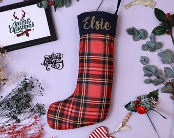 Personalised Name Christmas Stockings, Farmhouse Luxury Stockings, Handmade Red Plaid Stocking, Neutral Stocking Rustic Decor Christmas Gift