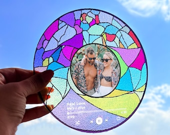 Custom Stained Glass Vinyl Record with Photo, Portrait Suncatcher, Acrylic Song Plaque - Gift for Friends - Birthday Gift for Him Her