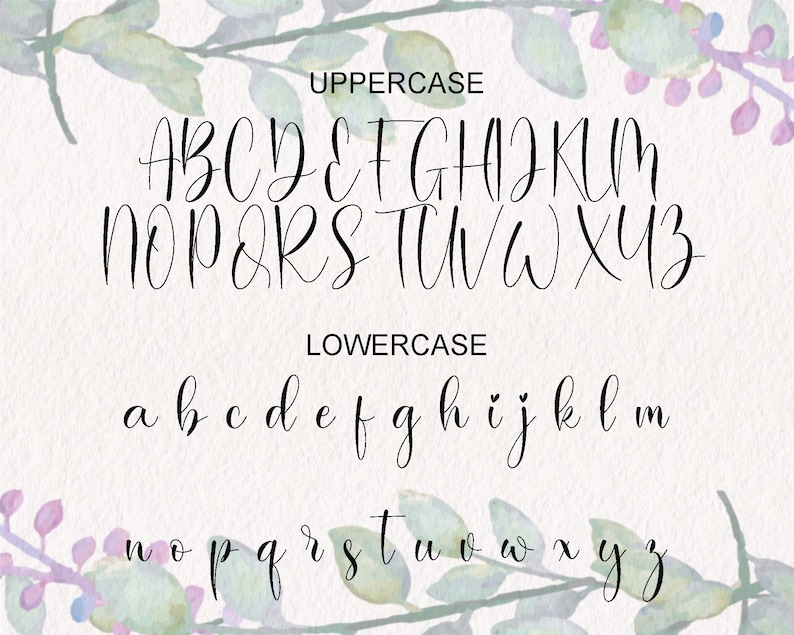 May include: A handwritten alphabet in black ink on a white background with a watercolor floral border. The alphabet includes uppercase and lowercase letters.