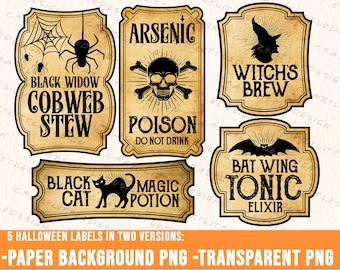 5 Halloween Labels, Halloween Potion Labels, Halloween Bottle Labels PNG Printable Instant Download