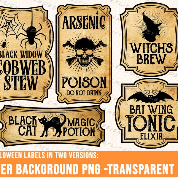 5 Halloween Labels, Halloween Potion Labels, Halloween Bottle Labels PNG Printable Instant Download