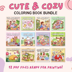 以下が含まれることがあります： 「Cute & Cozy Coloring Book Bundle」と書かれた12冊の塗り絵のセット。各表紙には、居心地の良いシーンやキャラクターのカラフルなイラストが描かれています。「12 PDF files ready for printing!」というテキストも含まれています。