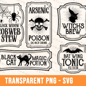 Puede incluir: Cinco etiquetas de botellas de poción de Halloween en blanco y negro con texto e imágenes espeluznantes. Las etiquetas dicen "Black Widow Cobweb Stew", "Arsenic Poison Do Not Drink", "Witch's Brew", "Black Cat Magic Potion" y "Bat Wing Tonic Elixir".