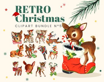 Vintage Reindeer PNG Clipart Bundle, Christmas Vintage Clipart, Christmas Retro Clipart, Reindeer Clipart, Instant Download, Scrapbooking