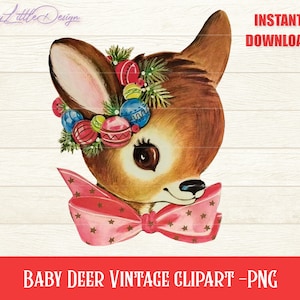 Vintage Baby Reh PNG Clipart, Weihnachten Vintage Clipart, Weihnachten Retro Clipart, Rentier Clipart, Sofort Download, Scrapbooking, Karten