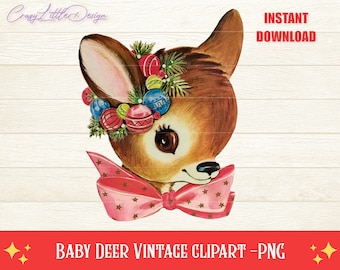 Vintage Coquette Baby Deer PNG Clipart, Christmas Vintage Clipart, Christmas Retro Clipart, Reindeer Clipart, Instant Download, Scrapbooking