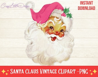 Vintage Santa PNG Clipart Pink, Christmas Vintage Clipart, Christmas Retro Clipart, Pink Santa Hat, Instant Download, Scrapbooking, Cards