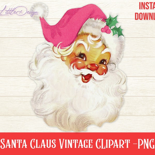 Vintage Santa PNG Clipart Pink, Christmas Vintage Clipart, Christmas Retro Clipart, Pink Santa Hat, Instant Download, Scrapbooking, Cards