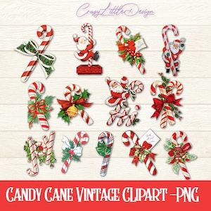 May include: A set of 12 vintage Christmas candy cane clipart images in PNG format. The images feature red and white candy canes with various holiday decorations, including bows, holly, bells, and Santa Claus.