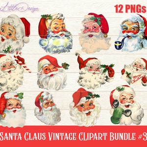 Pacote de clipart vintage de Papai Noel PNG, clipart vintage de Natal, clipart retrô de Natal, Papai Noel retrô, download instantâneo, álbum de recortes, cartões