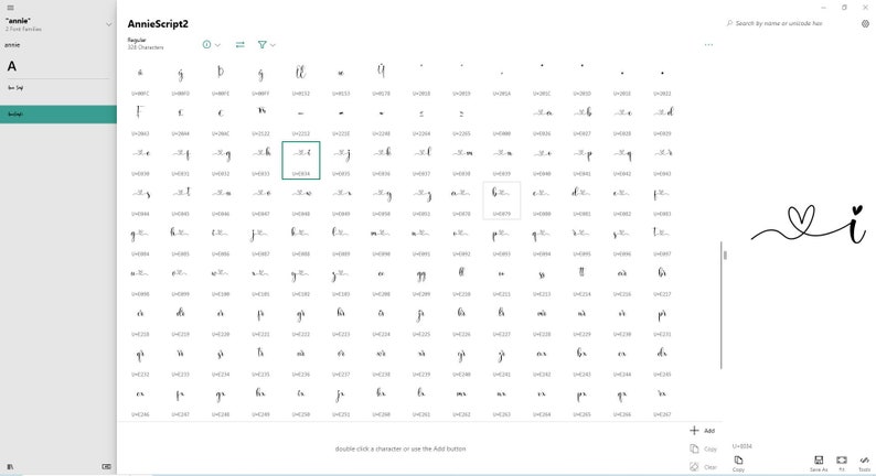May include: A screenshot of a font design program showing a grid of handwritten letters in the font "AnnieScript2". The letters are in black ink on a white background. The font includes uppercase and lowercase letters, numbers, and punctuation marks. The program has a button to add the font to a design project.