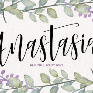 May include: A watercolor illustration of leafy branches with purple flowers surrounding the word "Anastasia" in a black script font. The text "Beautiful Script Font" is below the word Anastasia.