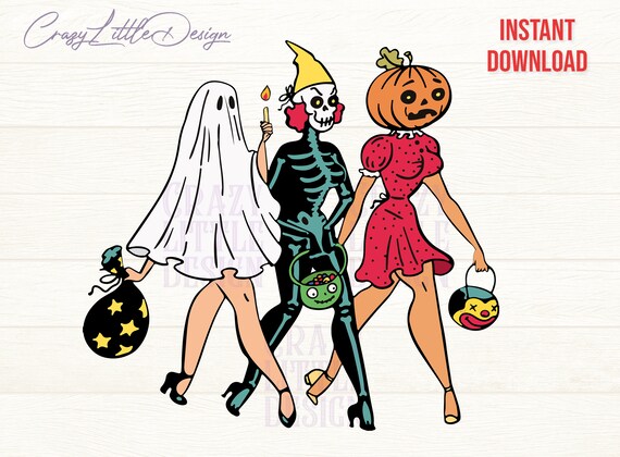 Retro Halloween PNG Design - Let's go ghouls - Halloween Friends, Three Halloween Ghouls, Vintage Retro Halloween, Sublimation -