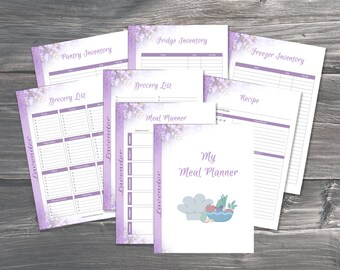 May include: A set of printable meal planning pages with a lavender floral design. The pages include a grocery list, meal planner, recipe, fridge inventory, pantry inventory, and freezer inventory.