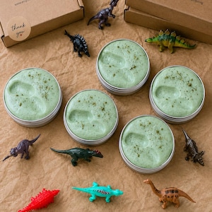 Op de afbeelding: Zes ronde, zilveren containers gevuld met groene crème, bestrooid met groene vlokken en omringd door kleurrijke speelgoeddinosaurussen. Twee kartonnen dozen met het woord "DOTING" en een websiteadres staan op de achtergrond.
